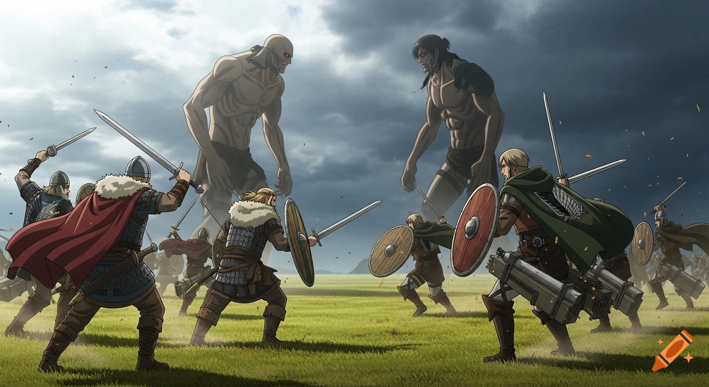 Anime-style battle between Vinland Saga warriors and Attack on Titan soldiers against colossal titans on a grassy field.