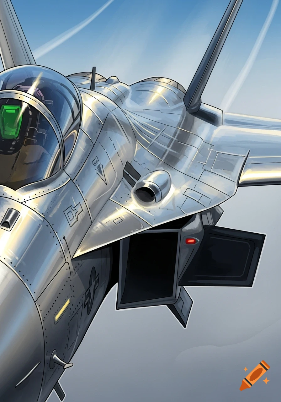 Close-up illustration of a silver fighter jet with a green glowing cockpit flying against a blue sky.
