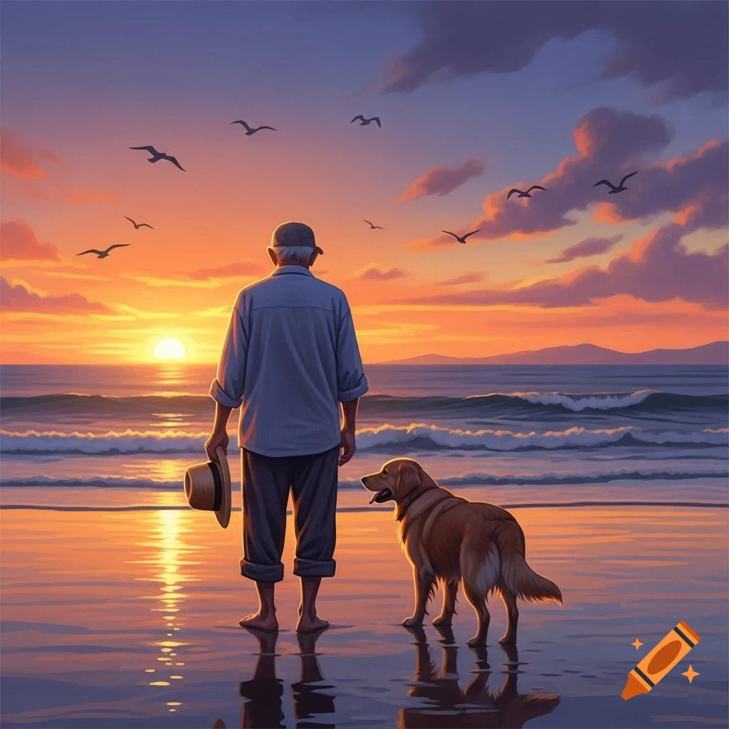 A man and his dog stand on a beach at sunset, watching the sun dip below the ocean horizon, with birds flying above.