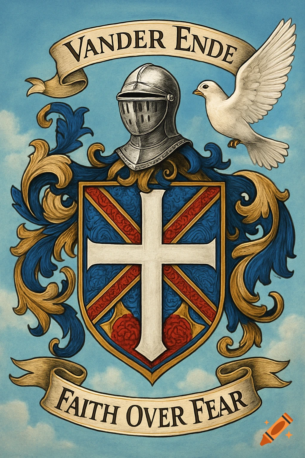 A detailed Dutch coat of arms with a knight's helmet, a white dove, a cross shield, and banners reading 'VANDER ENDE' and 'FAITH OVER FEAR'.