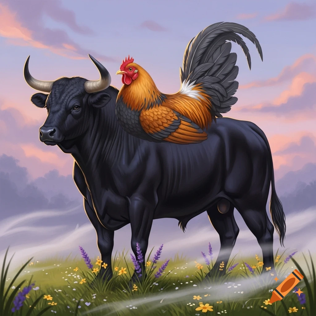 Rooster Riding Bull An illustrative image of a black bull with a colorful rooster on its ...