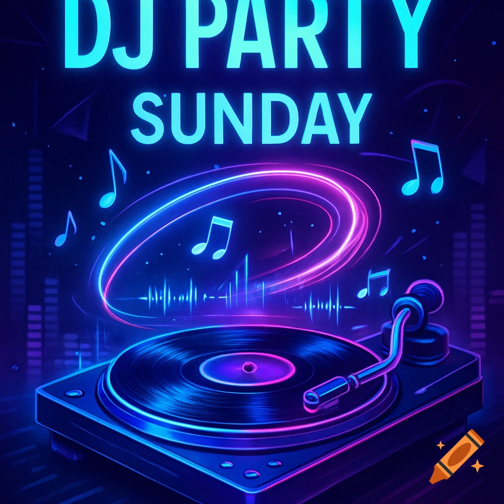A vibrant neon-style poster for a "DJ PARTY SUNDAY" featuring a turntable, music notes, and glowing sound waves.