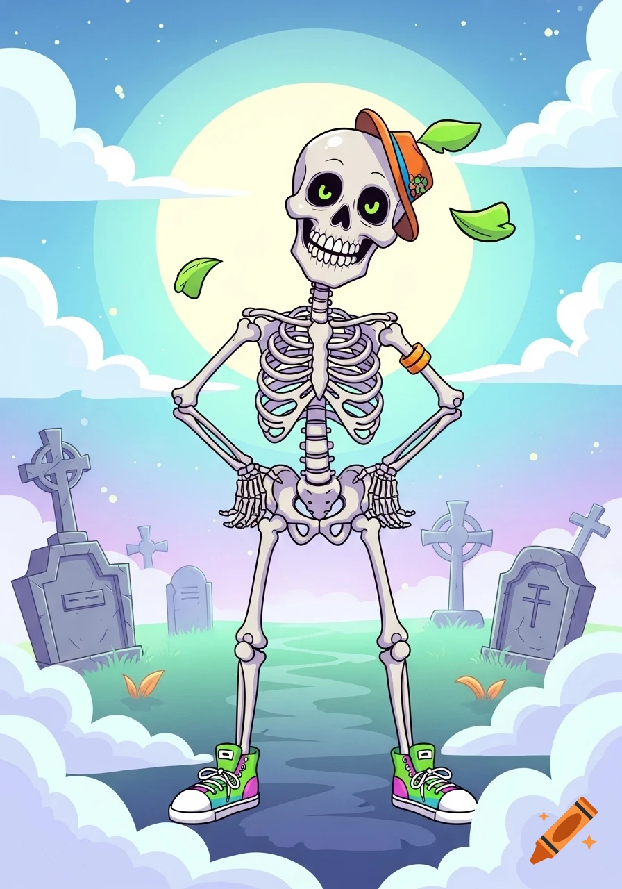 Cartoon skeleton wearing a hat and sneakers stands in a graveyard under a full moon, with green leaves floating.