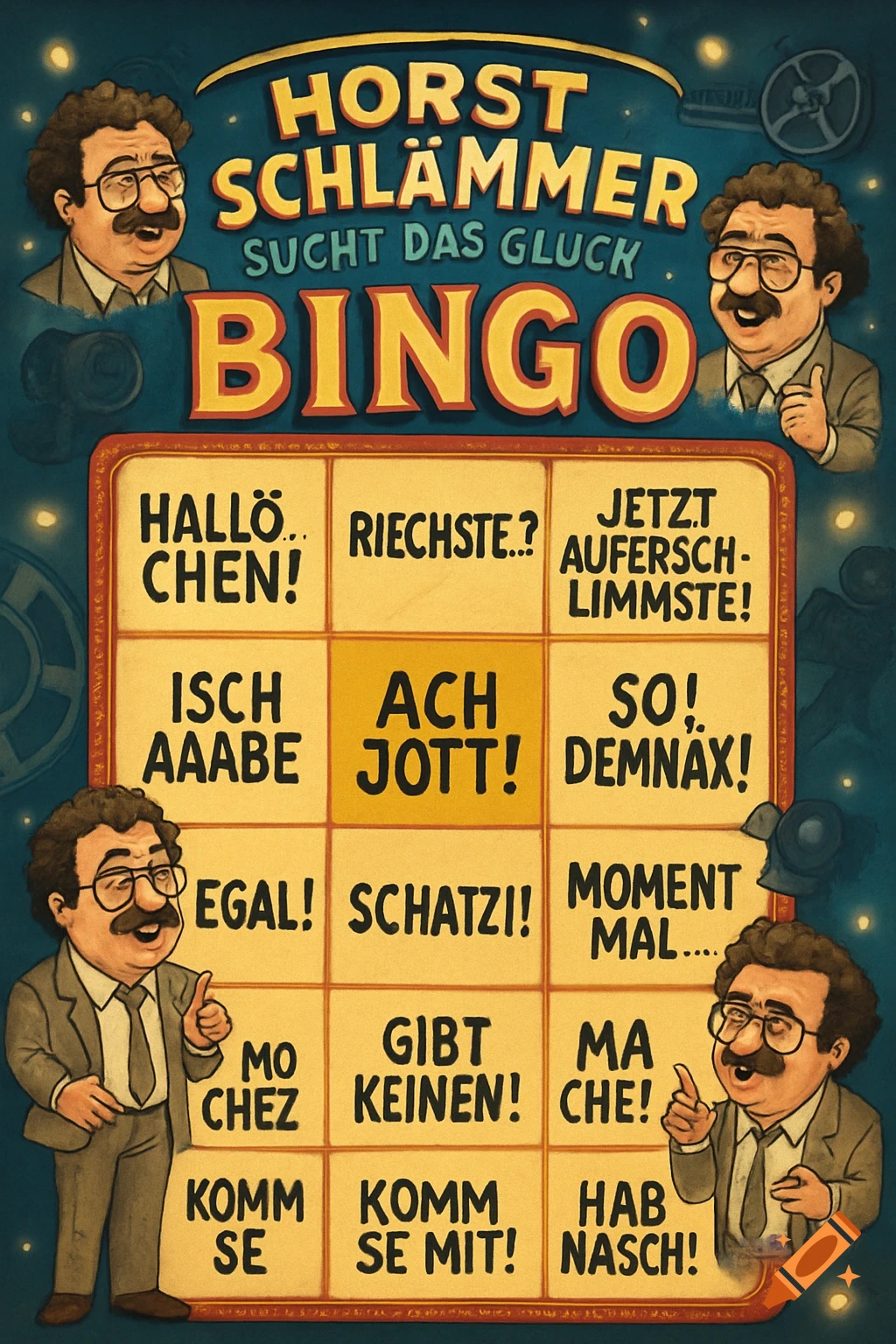 A colorful cartoon poster for "Horst Schlämmer sucht das Glück BINGO" features a caricature of Horst Schlämmer with a mustache and glasses. He appears multiple times around a bingo card filled with German phrases.
