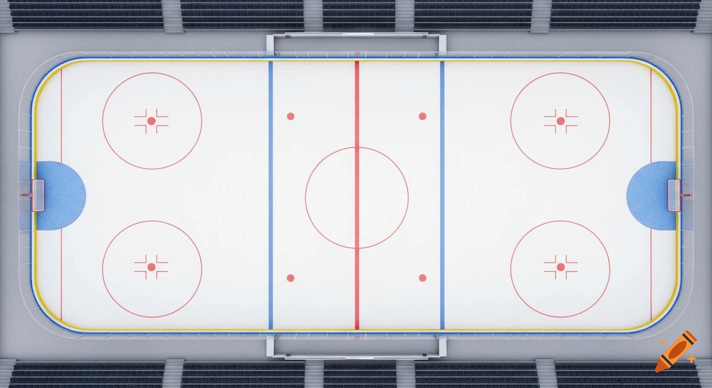 Photorealistic top-down view of a symmetrical ice hockey rink with red and blue lines, circles, and goal areas, surrounded by stadium seating.