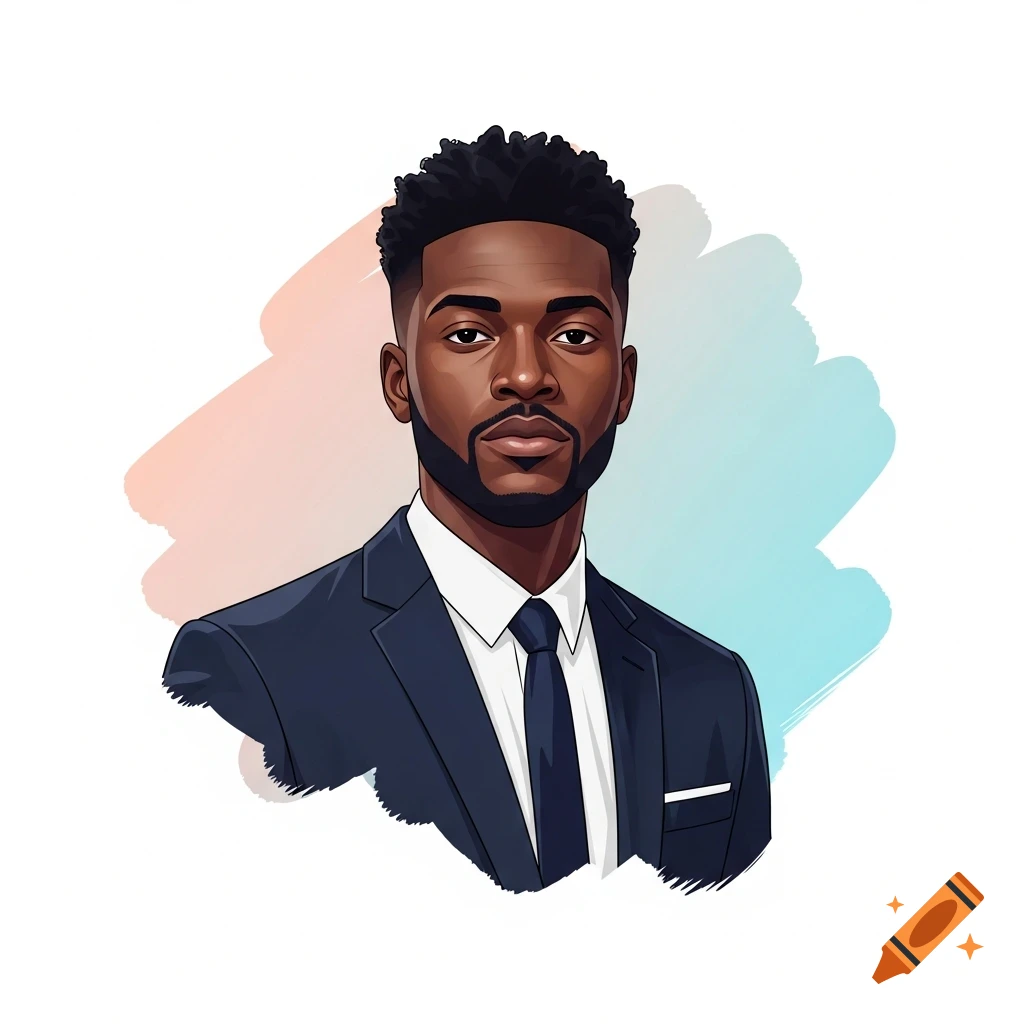 A stylized illustration of a Black man with a beard and short curly hair, wearing a dark suit and tie, against a light brushstroke background.