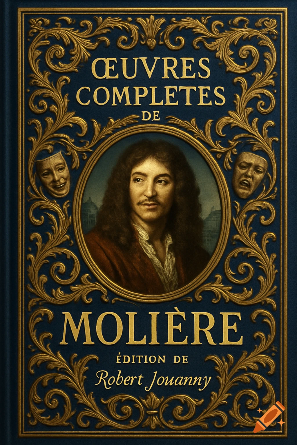 An ornate dark blue book cover with gold filigree, featuring a central portrait of Molière and text in French.