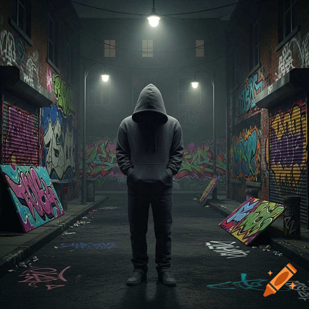 A hooded figure stands in a dimly lit, graffiti-covered urban alley at night.