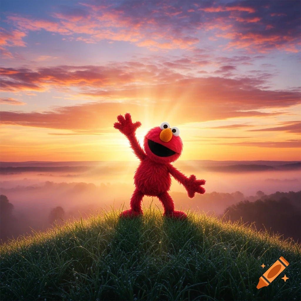 Elmo stands on a grassy hilltop, waving cheerfully against a vibrant sunrise over a misty, forested landscape.