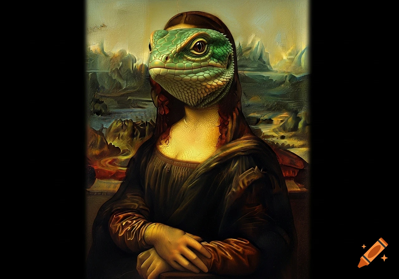 A surreal painting depicts the Mona Lisa with a vibrant green lizard head instead of a human one.