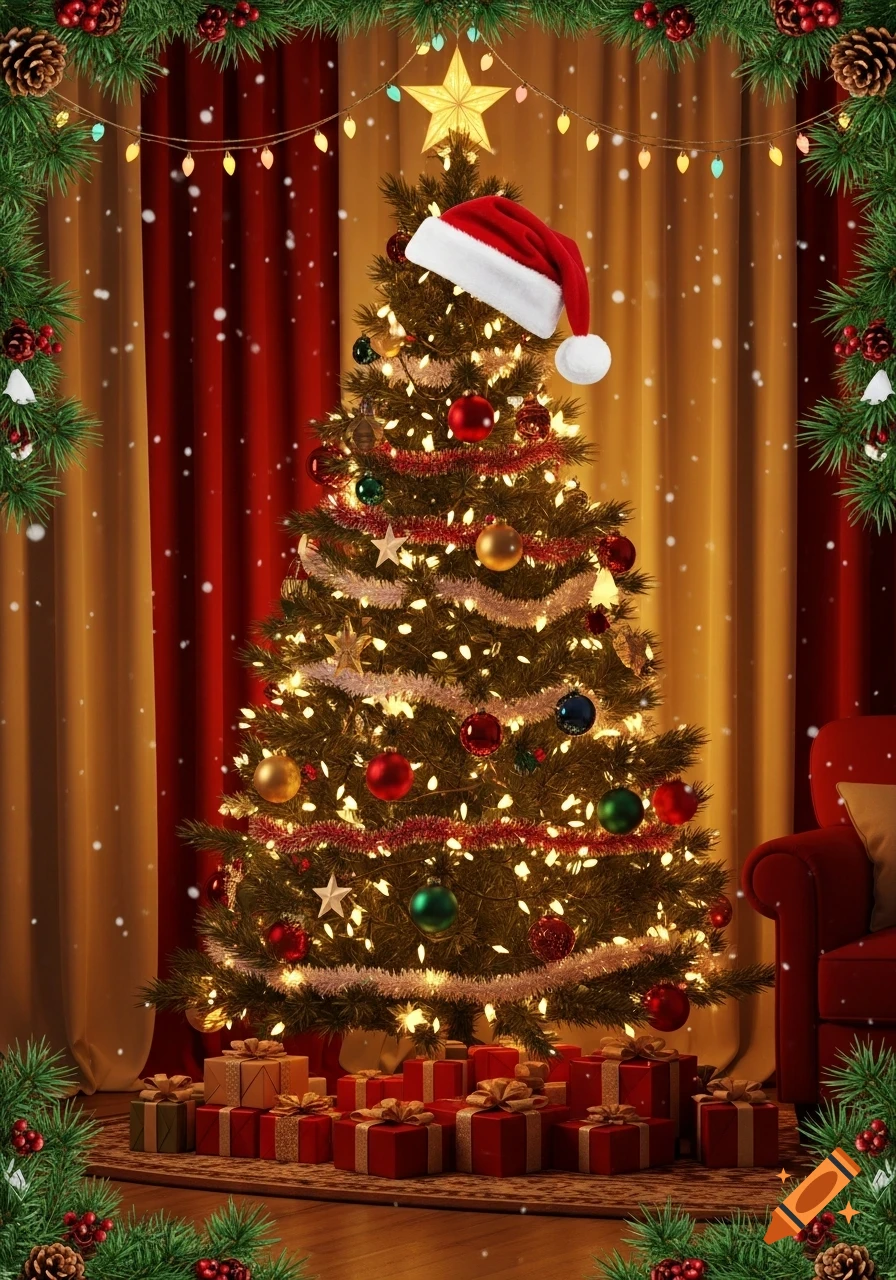 A beautifully decorated Christmas tree with a Santa hat and star topper, surrounded by wrapped gifts against red and gold curtains with falling snow.