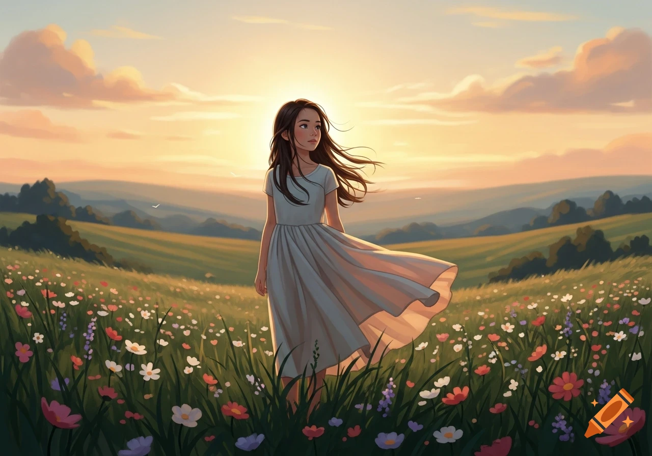 An illustration of a girl in a white dress standing in a field of wildflowers at sunset, with rolling hills in the background.