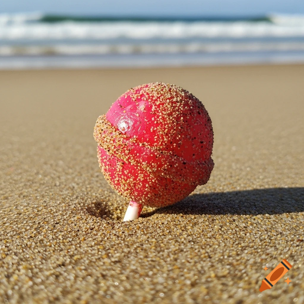 A pink lollipop covered in sand, partially buried on a sandy beach with ocean waves in the background.