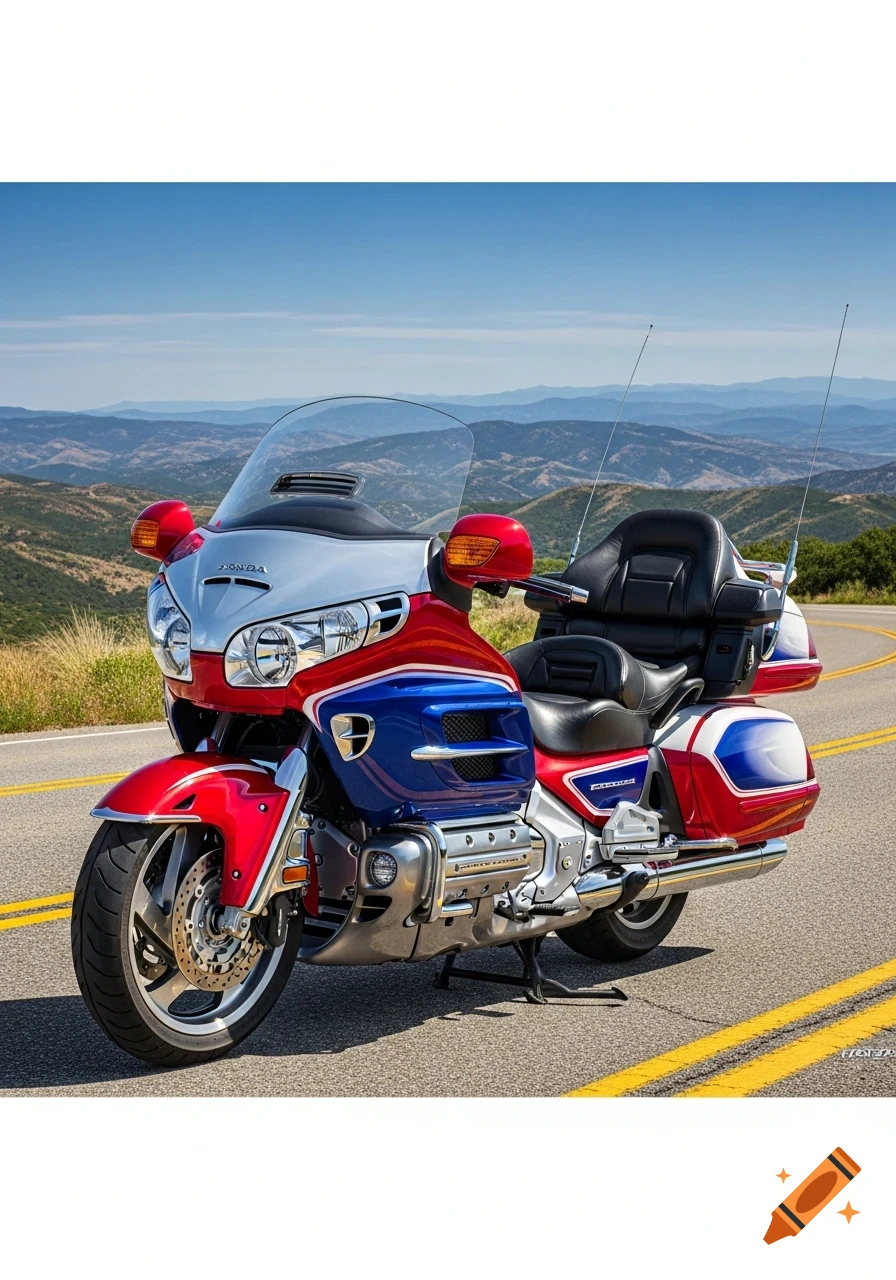 A red, white, and blue Honda Goldwing motorcycle on a scenic mountain road.