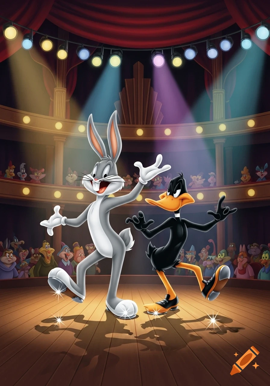Bugs Bunny and Daffy Duck tap dancing on a brightly lit stage in front of an audience, spotlighted.