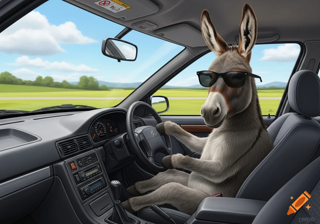 A cool donkey wearing black sunglasses drives a realistic Citroën Xantia car, smiling faintly at the wheel.
