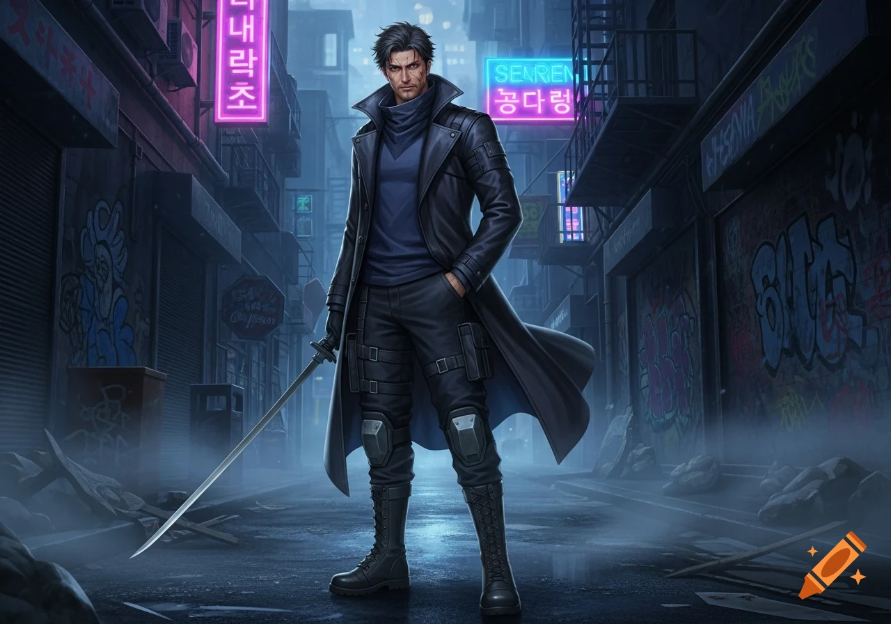 A stoic male anime crime fighter in a black trench coat and combat boots holds a katana in a dark, neon-lit urban alley filled with graffiti.