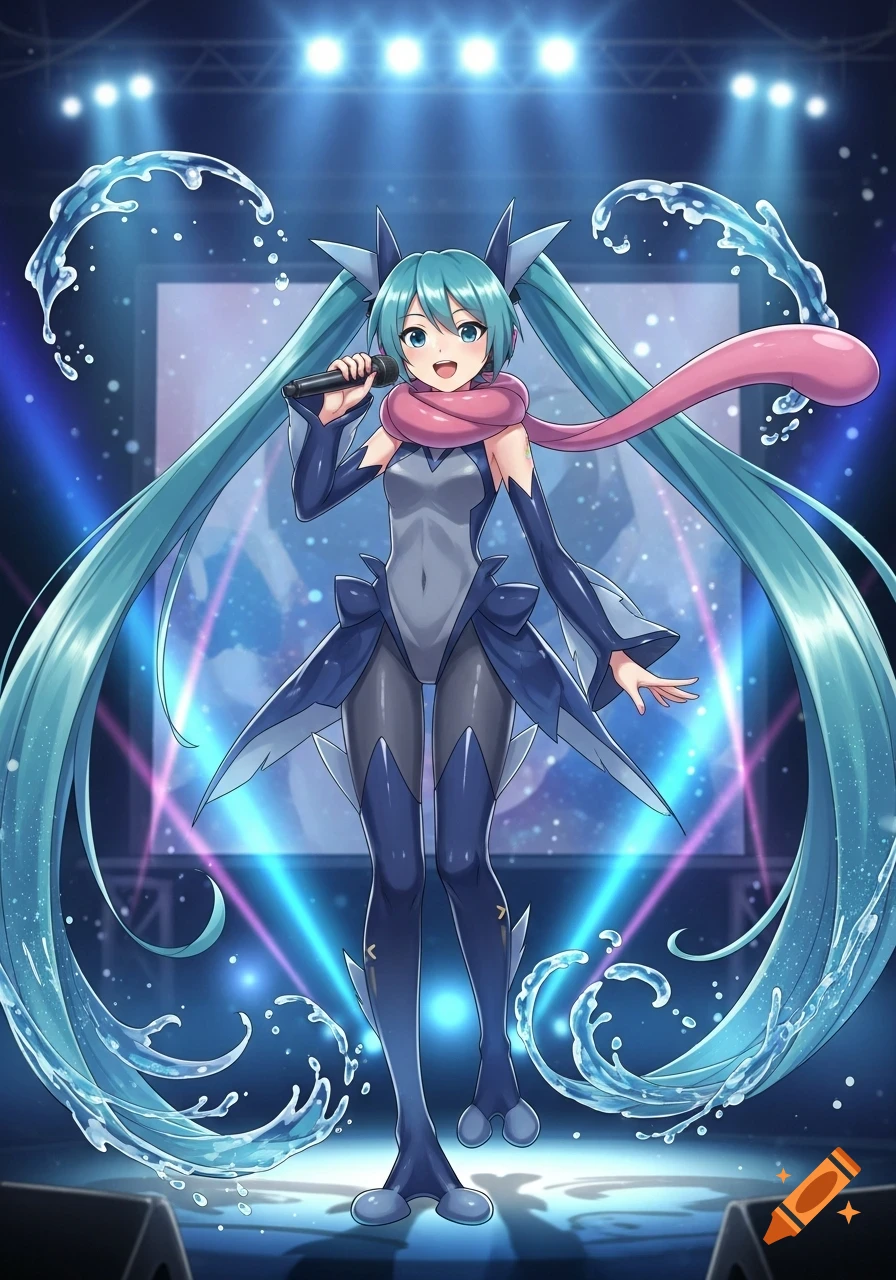 Anime style Hatsune Miku in a blue and gray Greninja costume sings into a microphone on a stage with blue lights and water splashes.