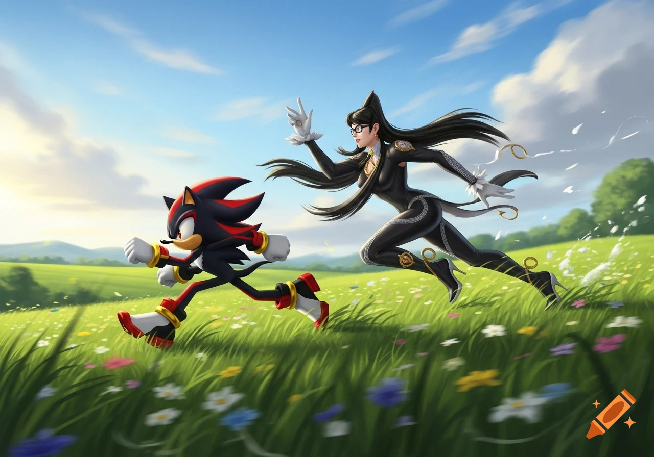 Shadow The Hedgehog and Bayonetta running through a bright green, grassy field with wildflowers under a blue sky, in a stylized digital art style.
