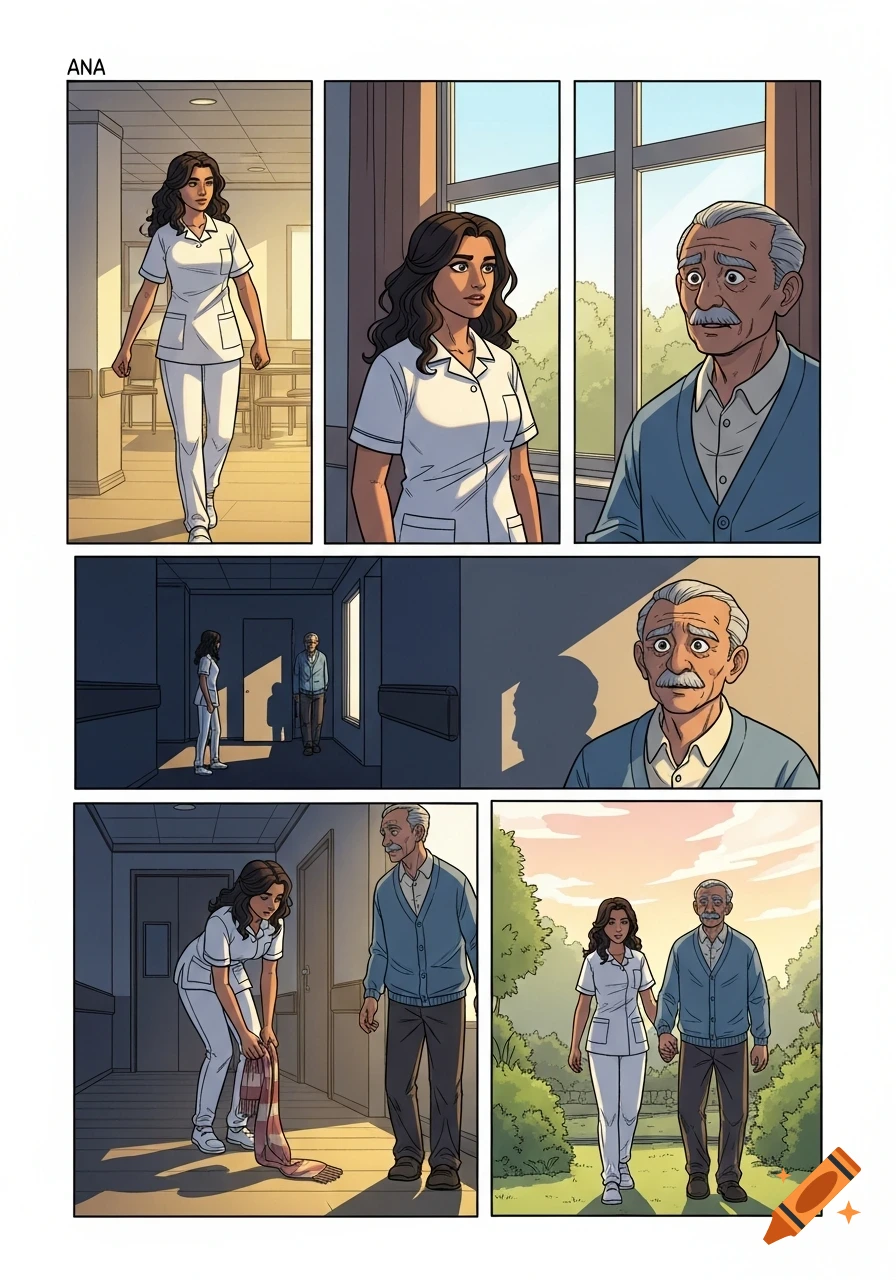 A multi-panel comic strip in semi-realistic style shows a caregiver, Ana, and an elderly man, Don Pedro, finding a scarf and walking together.