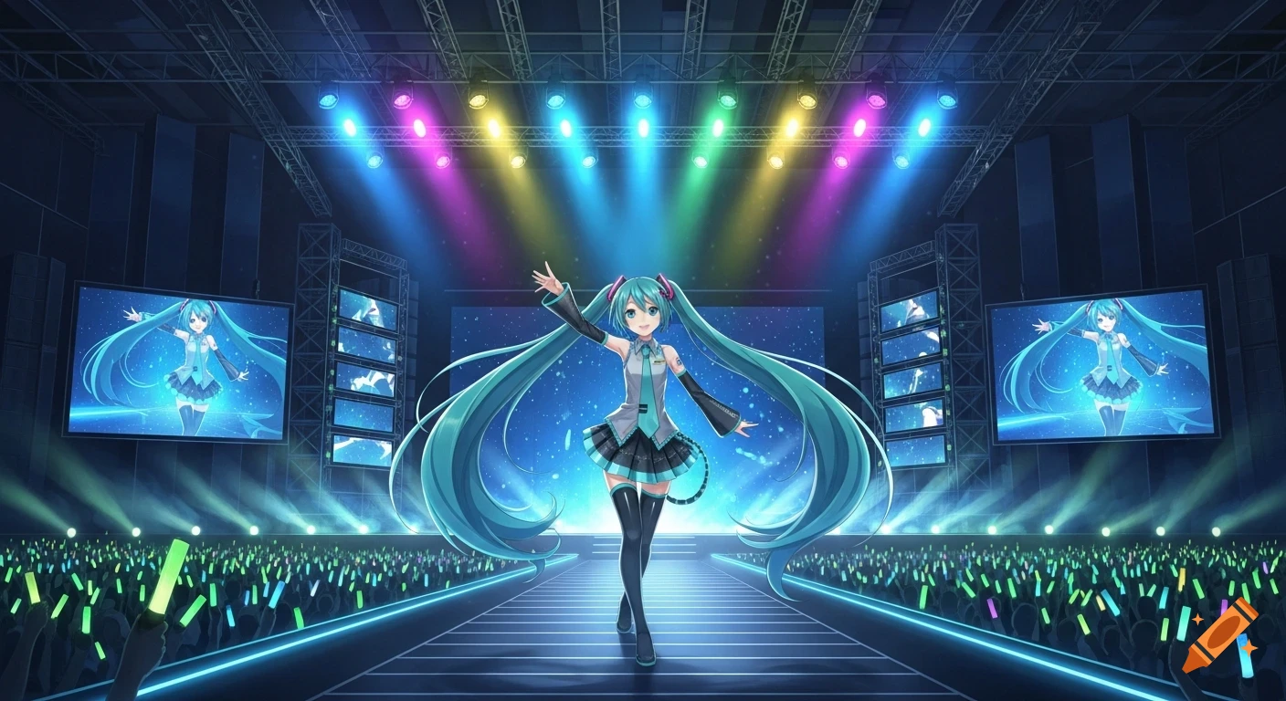 Hatsune Miku performing on a brightly lit concert stage with a cheering crowd holding glow sticks.