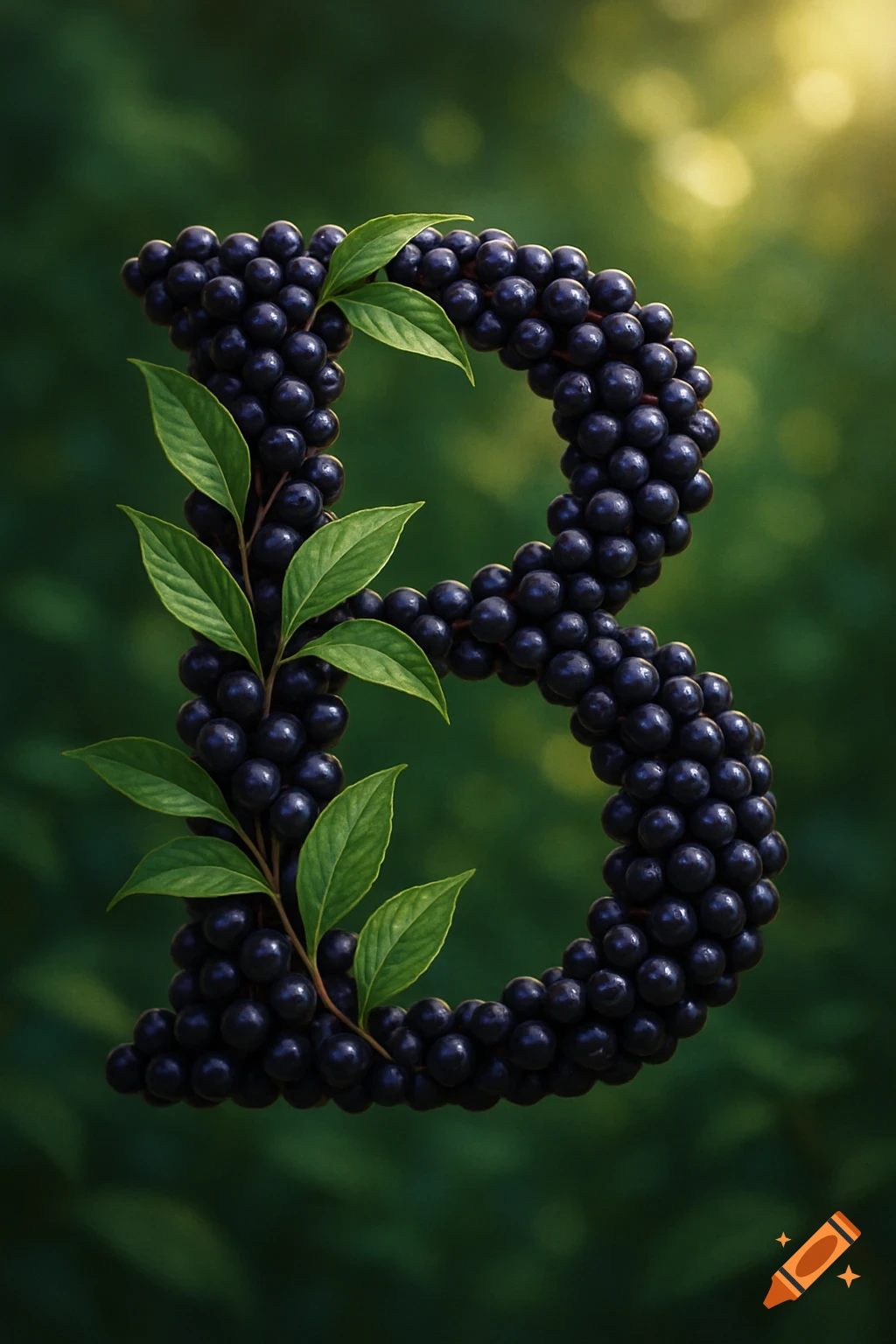 The letter B formed by dark purple berries and green leaves against a blurred green background.
