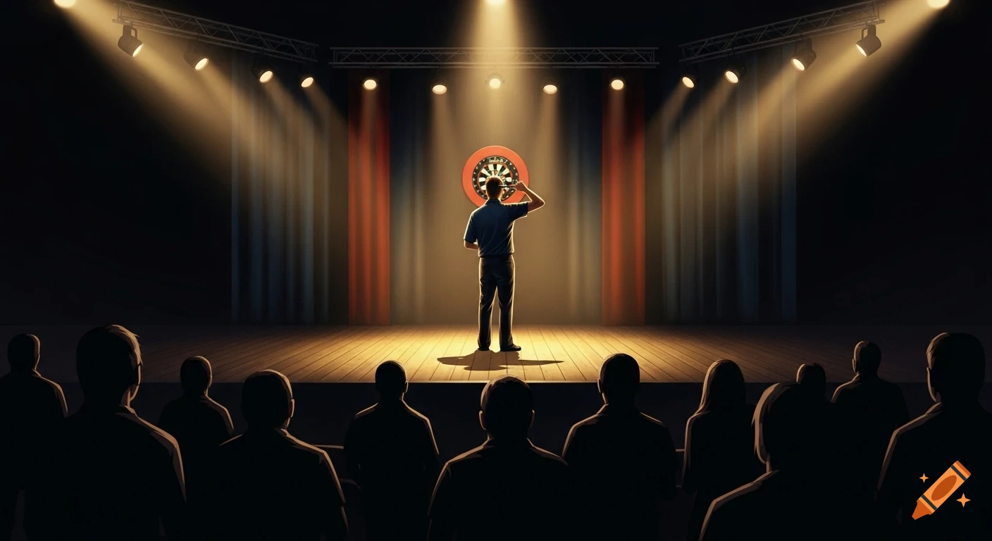 A darts player stands on a spotlighted stage, aiming at a dartboard, viewed from the silhouetted audience.