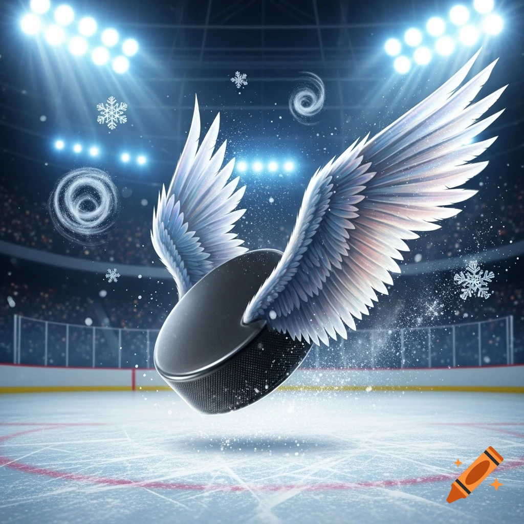 A winged hockey puck floats above a detailed ice rink in a brightly lit arena, with snowflakes and glowing swirls around it.