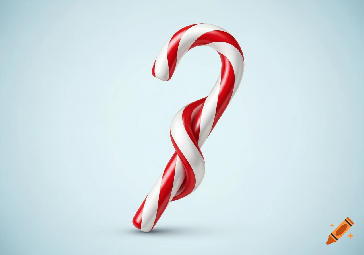 A realistic red and white striped candy cane, twisted in the middle, against a light blue background.