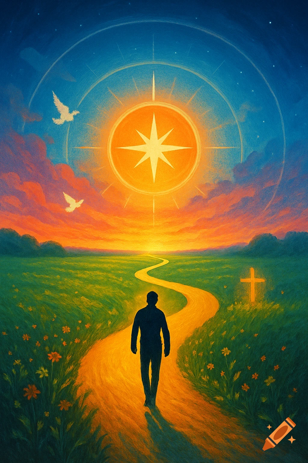 A person walks on a winding path through a green field towards a bright star-like sun and cross, with doves in the sky, painted style.