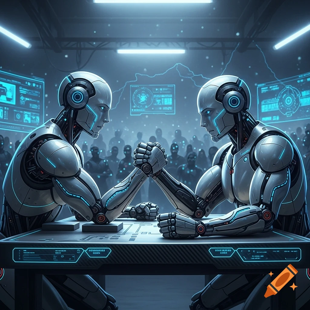 Two detailed AI robots with glowing blue accents arm wrestling in a futuristic, neon-lit room with a crowd.