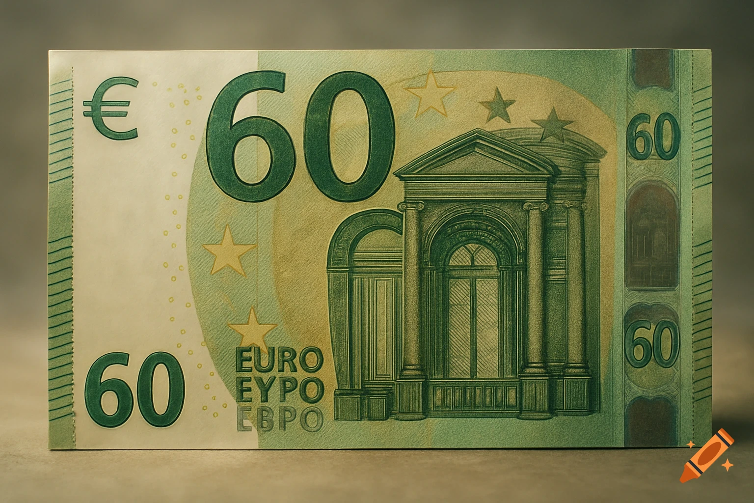 A close-up, highly detailed image of a green and yellow banknote, resembling a Euro bill, but with the value '60' prominently displayed instead of an official denomination. The bill features a Euro symbol, architectural elements, and stars.