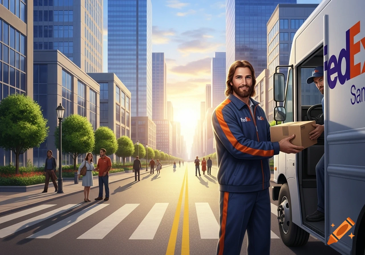 Jesus Christ as a FedEx delivery driver in a blue and orange uniform, holding a package next to a FedEx truck on a city street.