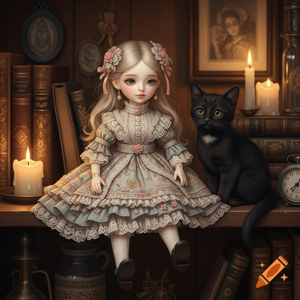 A detailed, vintage-style doll with blonde hair and a frilly dress sits on a wooden shelf next to a black cat, surrounded by books and candles.