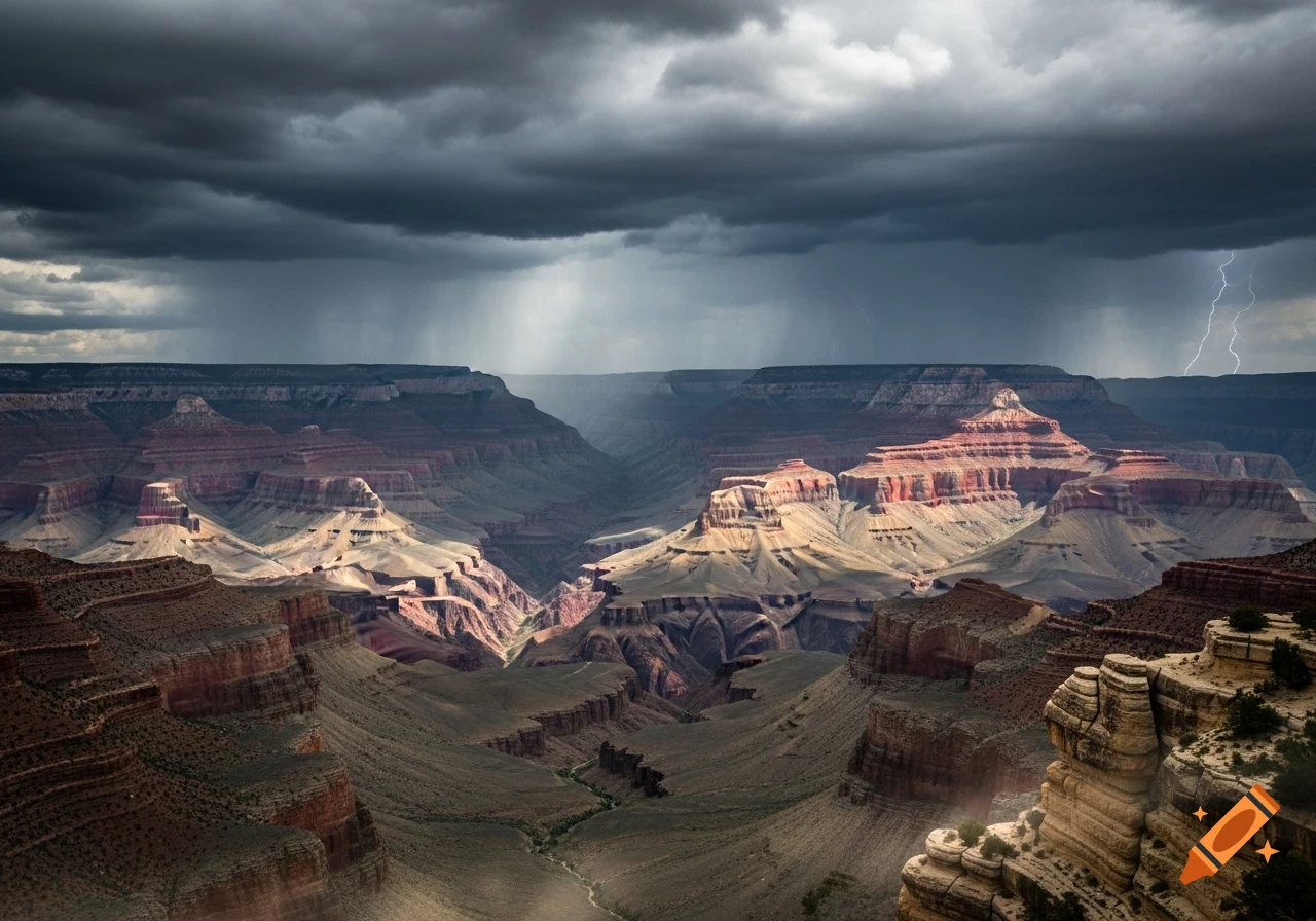 Dramatic view of the Grand Canyon under dark storm clouds with rain and lightning.
