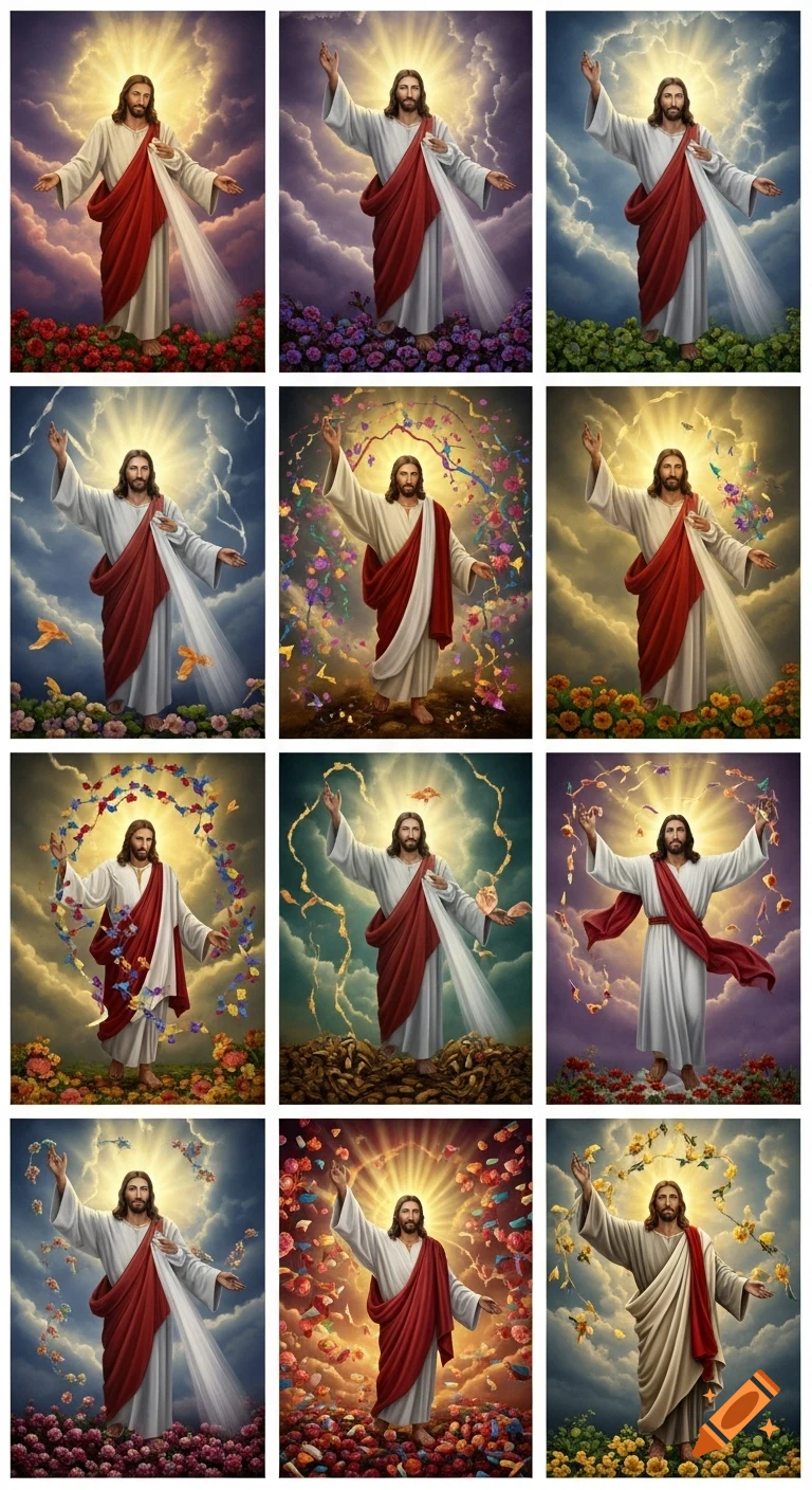 A grid of twelve vibrant religious art images depicting Jesus Christ with open arms, surrounded by flowers, clouds, and golden light.