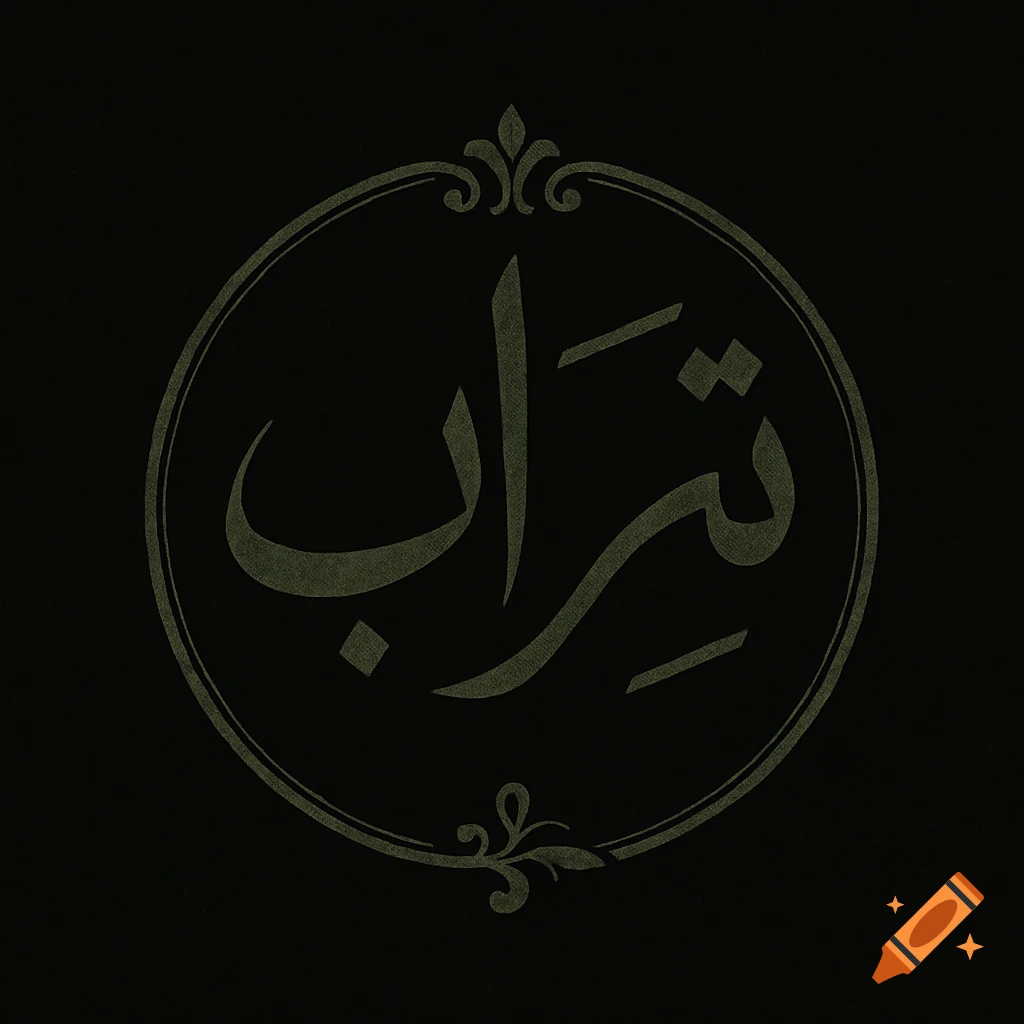 Dark green Arabic calligraphy 'تراب' (Turab) inside an ornamental circle on a black background.