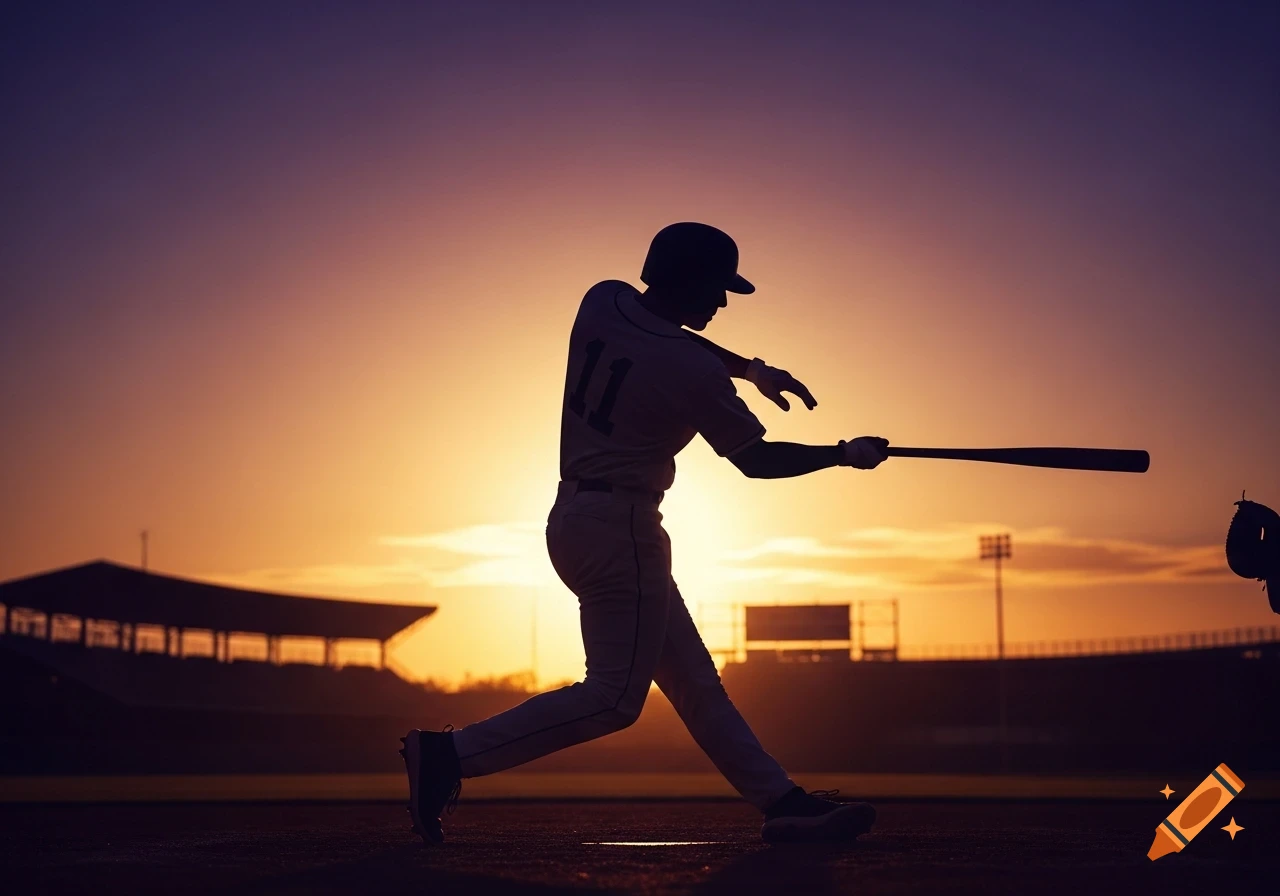 Silhouette of a baseball player mid-swing at bat, against a vibrant sunset sky at a stadium.