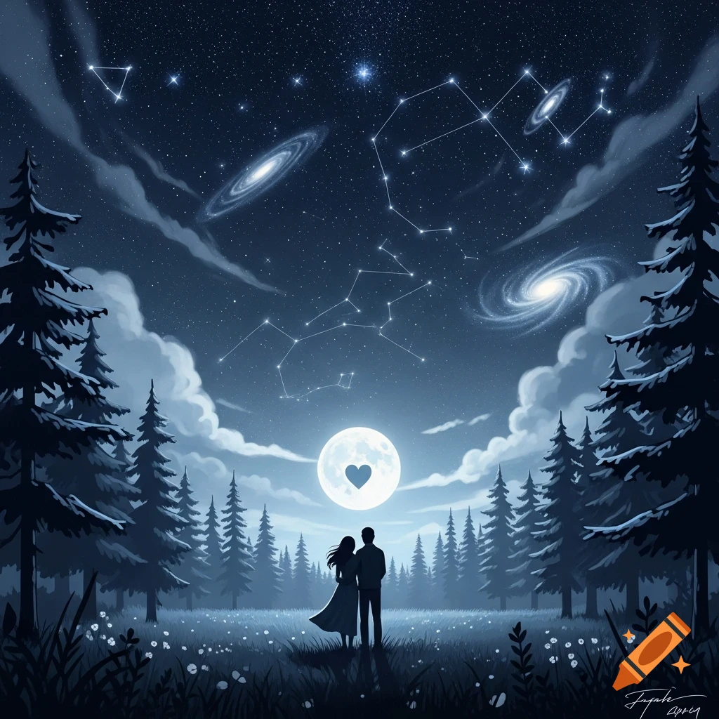 A couple stands in a forest clearing, looking at a heart-shaped moon and a starry night sky with galaxies and constellations, illustration.
