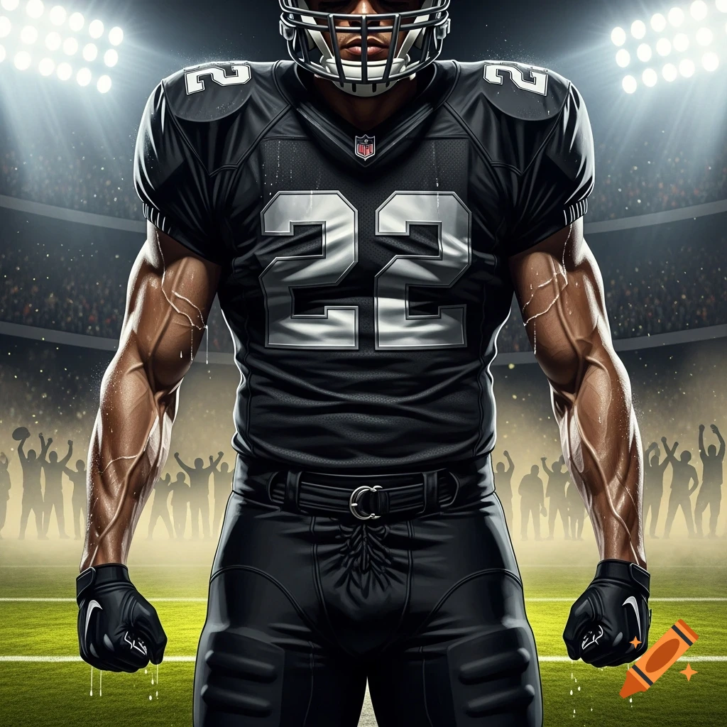 A muscular football player in a black uniform with the number 22 on his chest stands on a stadium field under bright lights with a cheering crowd in the background.