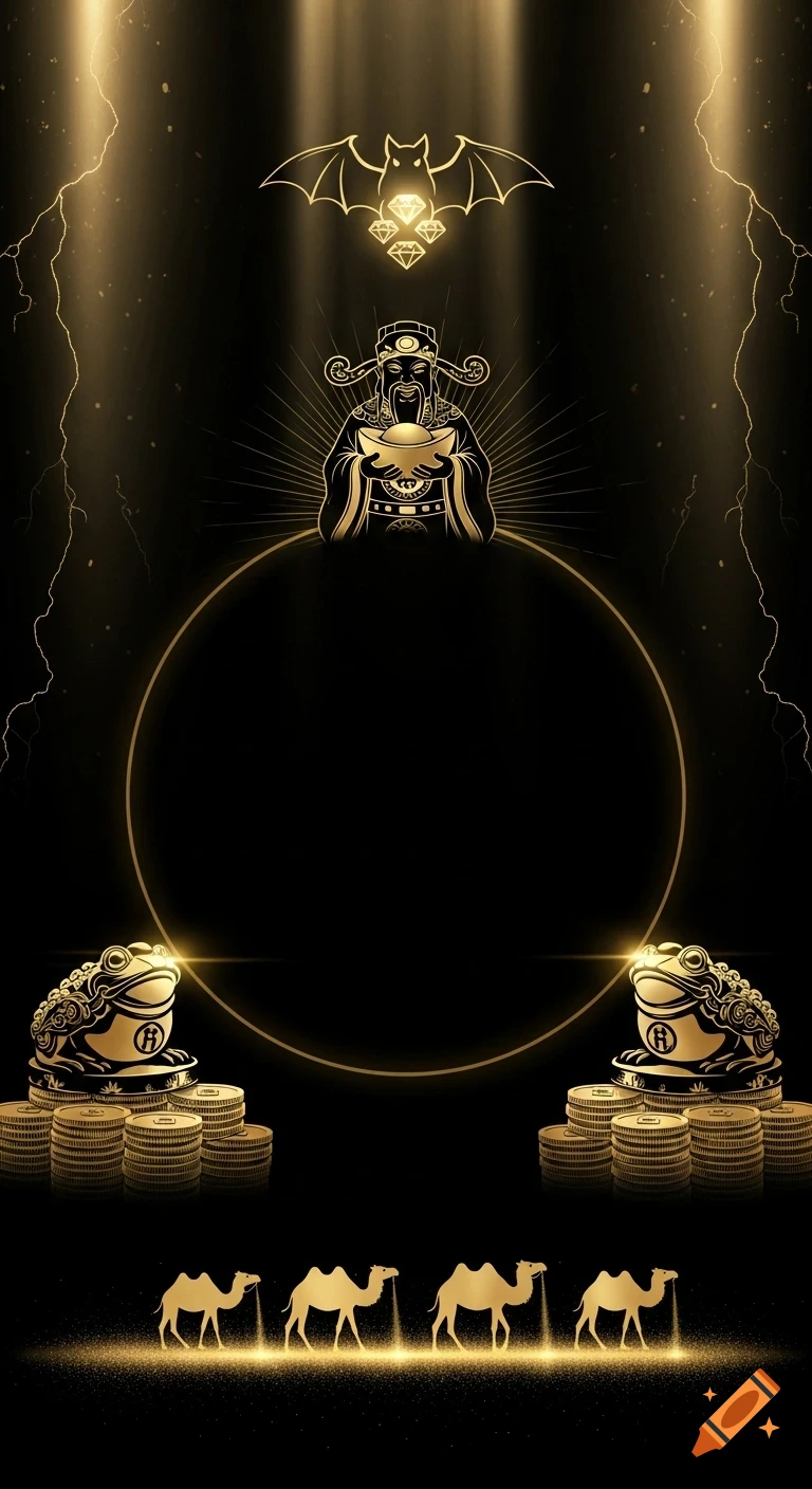 A black and gold minimalist image with a prosperity bat, Chinese God of Wealth, money frogs on gold coins, and camels leaving gold dust trails, all in a cinematic style.