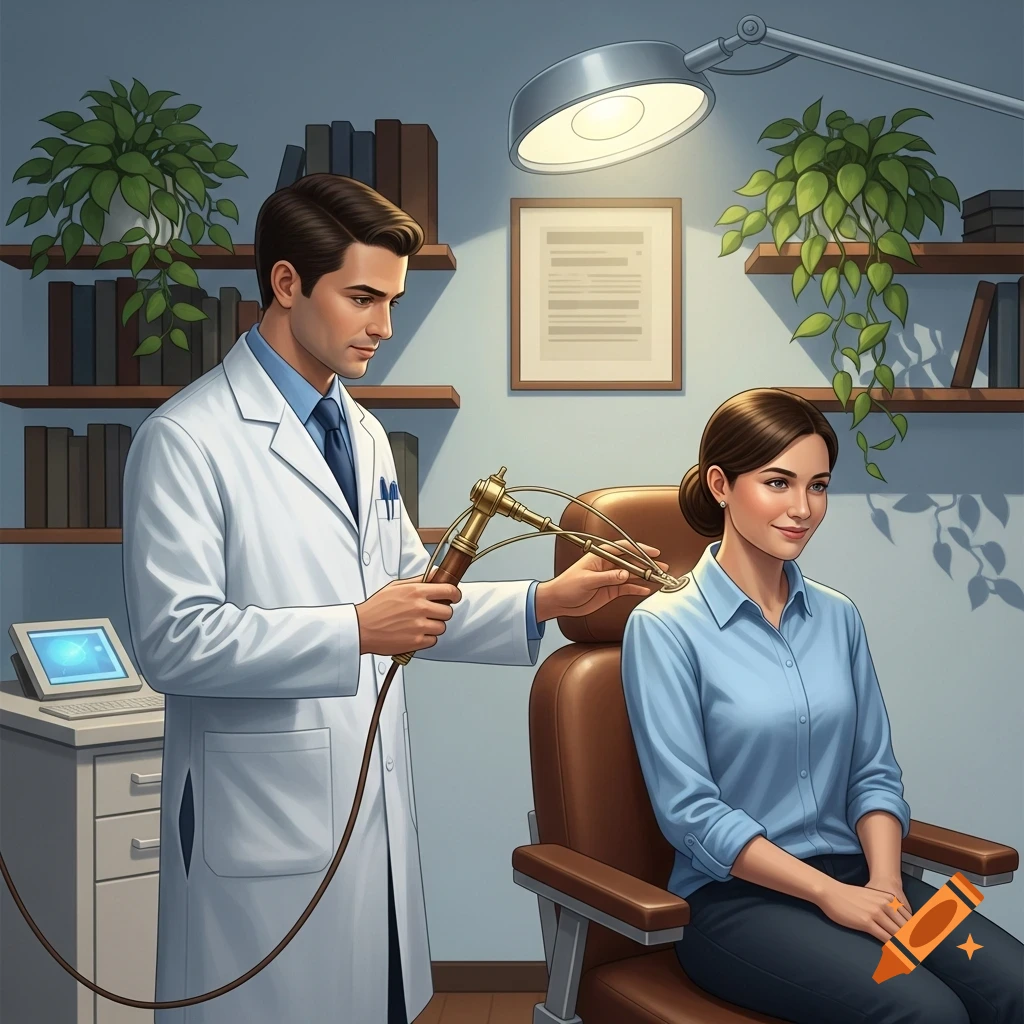 A male doctor in a white coat uses a specialized nervoscope on a female patient's shoulder in a medical office.