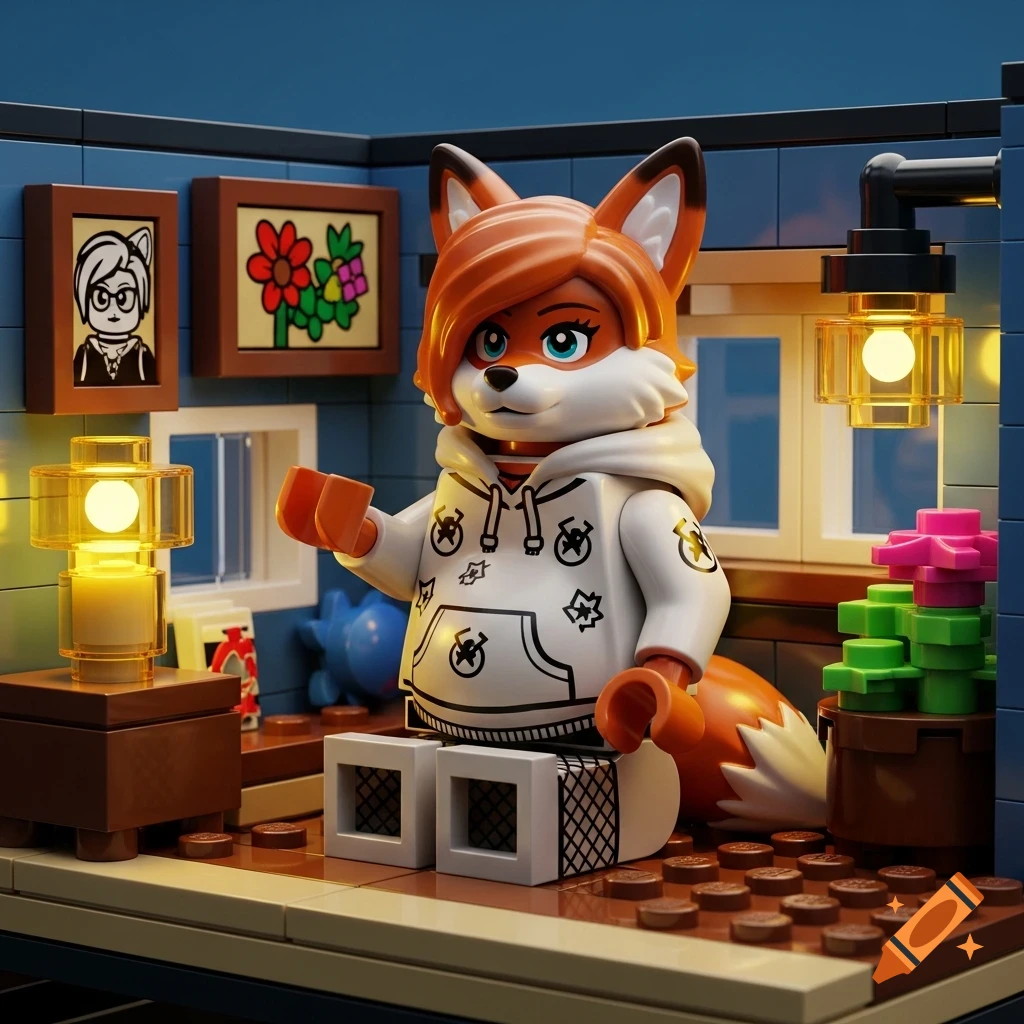 A pregnant female furry fox Lego minifigure wearing a white hoodie and fishnet leggings stands in a detailed Lego apartment.