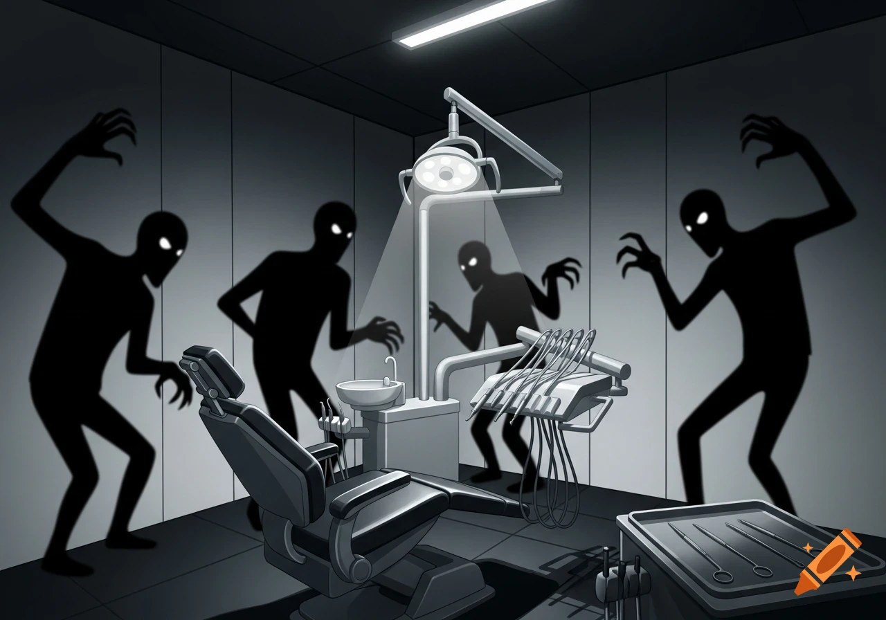 Stylized cartoon of shadowy figures with glowing eyes menacing a dark dental office with an empty chair and instruments.