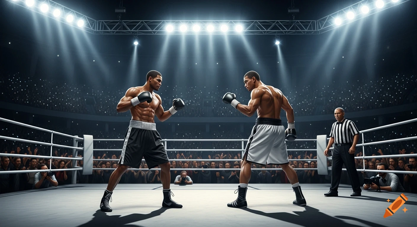 Two muscular boxers face each other in a brightly lit ring, surrounded by a large, blurred audience and a referee, in a photorealistic style.