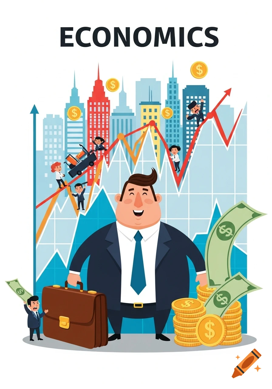Cartoon illustration of a smiling businessman, money, and small figures on an economic chart with a city skyline and text 'ECONOMICS'.
