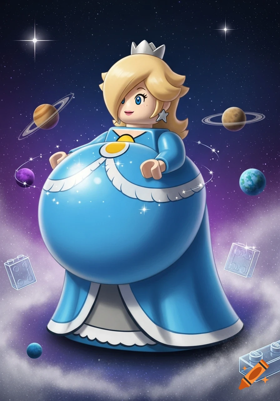 Lego minifigure of Rosalina from Mario Galaxy, inflated with a big belly, floating among planets and stars in space.