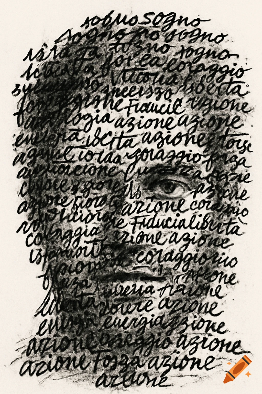 A black and white calligram portrait of a man's face, formed entirely by handwritten Italian words creating shadows and contours.