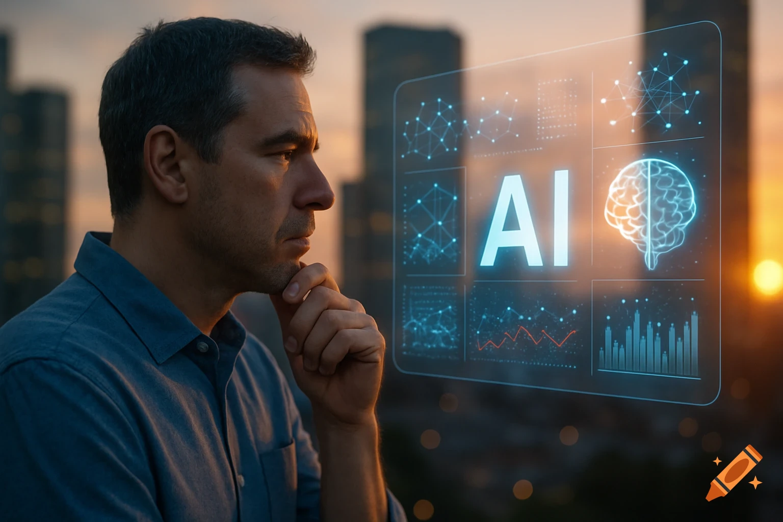 A thoughtful man views a glowing holographic AI interface in a modern city at sunset.