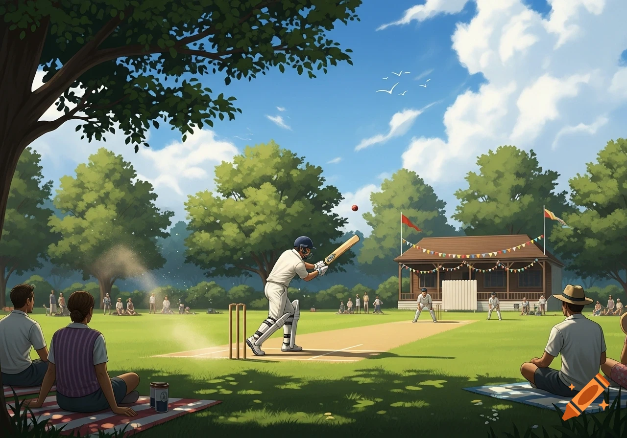 An illustration of a cricket match with a batter swinging at a ball, watched by spectators on a sunny day in a park.
